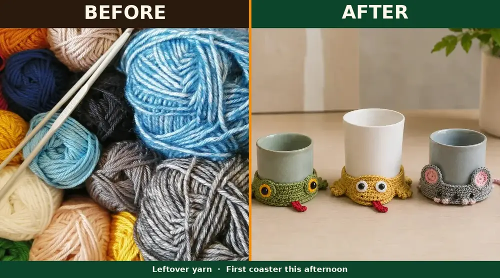 Before: leftover yarn. After: finished animal coasters on the table.