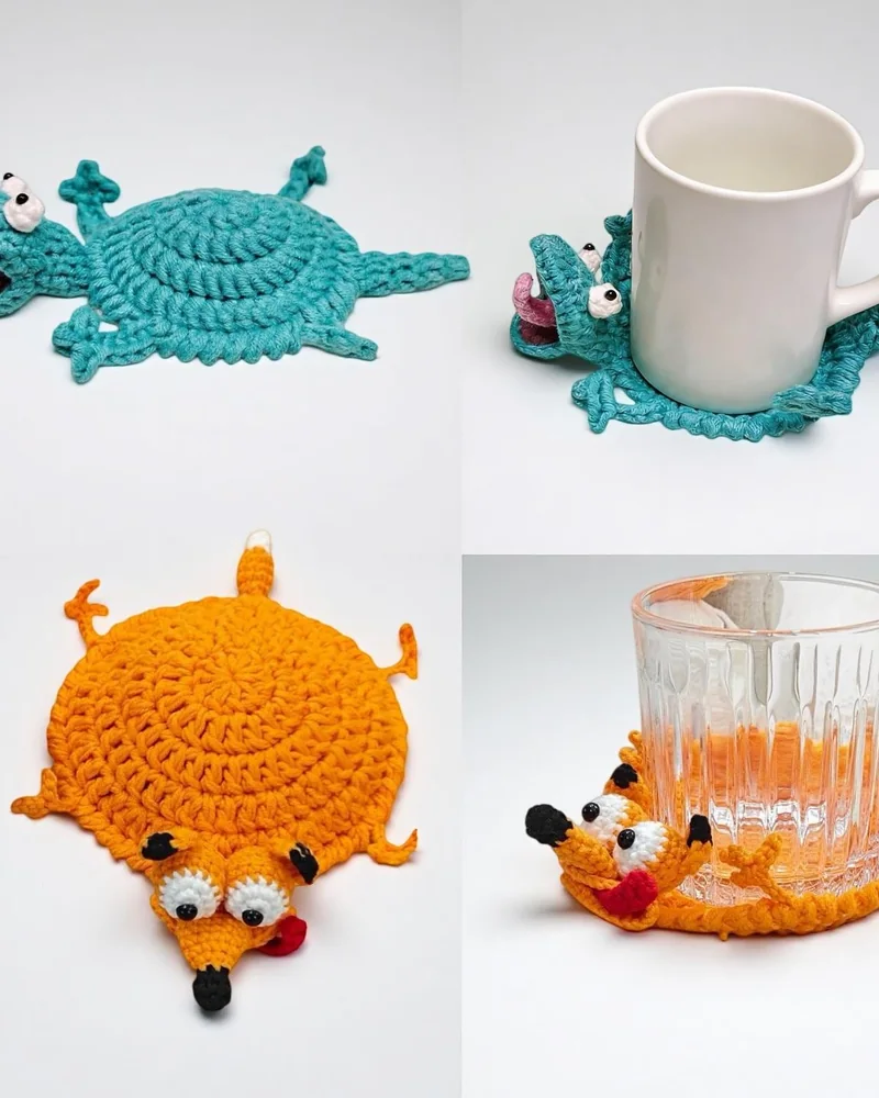Finished animal coasters on the table, mug-ready